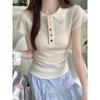 Camiseta Polo Chic de Manga Corta con Botones de Colores y Solapa para Mujer en Verano, Diseño de Cintura Fruncida para un Look Adelgazante, Top