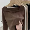 Camiseta Básica de Moda Otoño 2027 con Cuello en V para Mujer, Elegante Camiseta de Manga Larga, Top Térmico Ajustado para Estudiantes