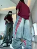 Jeans Largos Retos com Costura Contrastante Listrados Estilo Americano Retrô Tamanho Plus Size Marca Tendência Feminina Calças Largas de Ferramenta