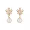 Pendientes de Flor de Zircón Rosa y Perla 2025 Verano Nuevos Elegantes Dulces y Frescos Combinan con Todo Pendientes de Gama Alta
