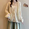 Cárdigan de Punto Hueco Casual de Color Sólido Estilo Perezoso, Nueva Versión Coreana de Primavera Cuello en V Adelgazante Holgado Chaqueta Superior para Mujer
