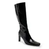Botas Altas de Cuero Patentado de Vaca Estilo Europeo y Americano Exportación 2025 Elegante Punta Cuadrada Talla Grande Cierre Lateral Tacón Alto Grueso Botas de Moda Elegantes