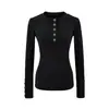Camiseta Básica de Manga Larga Versátil para Mujer con Cuello Henley de Botones, Nueva, Hombro Normal, Top Delgado para la Cintura