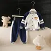 Jaqueta Baseball Casual com Capuz Outono Estilo Urso de Toalha Meninos Manga Longa Veludo Plus Conjunto Meninos