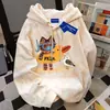 Moletom com Capuz Estampa de Gato Graffiti Retro Americano para Mulheres Outono e Inverno Estilo Preguiçoso Oversize Tie-Dye Rosa