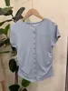 Nova Camiseta de Verão com Botões, Gola Redonda e Manga Curta para Mulheres, Cardigã de Manga Curta com Botões, Cintura Marcada e Pregas