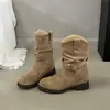 Botas de Cano Curto Estilo Ocidental com Fivela de Couro Fosco Estilo Coreano para Mulheres Outono/Inverno Bico Redondo Salto Escondido Botas Estilo Retrô Outono/Inverno Botas Martin