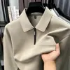 Camiseta de manga longa com gola dobrável e zíper parcial para homens de meia-idade, moletom de cor sólida business casual para primavera e outono, top base tipo polo