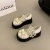 Sapatos Mary Jane Femininos com Laço de Pérola Outono/Inverno 2026 Novos Retro Salto Grosso Aumenta Altura com Saias Sapatos Pequenos de Couro
