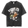 Camiseta Masculina Hip-Hop Fio Duplo Algodão Puro Lavada Roupa de Rua Tamanho Grande High Street Verão Europeu e Americano Top Masculino Dia