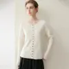 Diseño Nuevo Otoño e Invierno Cárdigan de Punto de Lana Pura para Mujer Cuello Redondo Dobladillo Enrollado Elegante Suéter Abrigo Adelgazante