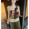 Camisa regata feminina com estampa de pônei estilo retrô, nova moda de verão, corte solto, gola redonda, top estiloso