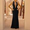 Vestido Largo Sexy de Estilo Europeo y Americano Transfronterizo Espalda Descubierta Cuello en V con Lazos Venta Caliente en Amazon Plisado Sin Tirantes Sin Mangas para Mujer
