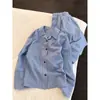 Conjunto de Pijama Casual Feminino para Primavera e Outono, Cardigã de Lapela, Roupa de Casa, Listras Finas Azuis, Simples, Solto, Manga Longa, Calça Longa