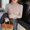 Tamanho grande/230 gramas, gola com pesponto, gola semi-alta, toque de alta qualidade, suéter de tricô feminino, camada base, blusa quente