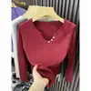 2026 Novo Suéter de Tricô Feminino Estilo Coreano com Gola U e Manga Longa para Outono/Inverno, Blusa Básica Elástica Slim Fit para Primavera
