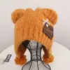 Gorro de punto patchwork lindo estilo japonés con orejas de oso para mujer, cálido y protector para los oídos para otoño e invierno, adecuado para tallas de cabeza grandes, con pompón y diseño de punto