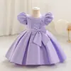 Vestido Novo para Festa de 1º Aniversário de Bebês e Crianças Pequenas 2025 Laço Manga Bufante Vestido Infantil Vestido de Princesa
