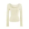 Ropa de Mujer al por Mayor Transfronteriza 2026 Otoño Nuevo Sexy Chica Caliente Cuello en U Profundo Bolsillo Patch Ribeteado Manga Larga Camiseta Básica