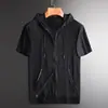 Camiseta de Manga Curta de Verão Cardigã com Capuz Masculino Hoodie Solto Tamanho Grande Manga Meia Respirável Secagem Rápida Fino Alto Padrão