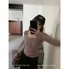 Camiseta Retro Americana de Media Botonadura con Cuello en U y Mangas Largas para Mujer en Otoño e Invierno Nuevo Estilo Elástica de Aspecto Adelgazante Camiseta Superior para Capas