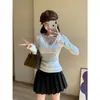 Camiseta Básica Dulce de Encaje con Cuello en V para Mujer en Otoño e Invierno Ajustada de Manga Larga Camiseta Blanca Pura Dulce Sexy