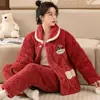 Pijama de Mujer Invierno Tres Capas Engrosado Acolchado Pijama de Mujer Coral Fleece Franela Otoño e Invierno Cálido Abrigo Acolchado de Algodón Ropa de Casa