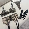 Conjunto de Lencería Nuevo de Moda con Estampado de Leopardo Transparente con Costuras de Malla, Conjunto de Sujetador Sexy que Hace que los Bustos Grandes Parezcan Más Pequeños, Conjunto de Tres Piezas