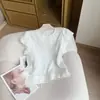 Camisa Versátil de Verão Estilo Francês com Barra Franzida Manga Curta Estilo Coreano Cor Sólida Moda Jovem Elegante Modeladora para Mulheres