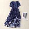 En Stock Verano Nuevo Algodón y Lino Estampado Reductor de Edad Cuello Redondo Manga Corta Longitud Media para Viajar Artístico Simple Vestido Largo