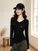 Outono e Inverno Novo Gola V Ombro Normal Camiseta Interna Quente de Manga Longa Feminina Emagrecedora Valorizadora Versátil Top Hot Girl Camada de Base