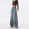 Calça Jeans Feminina 2025 Primavera e Verão Nova Solta Wide Leg Cobrindo a Carne Lavada Drop-off Reta