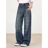 Jeans largo xadrez branco lavado retrô para mulheres, novo outono 2026 cintura alta design solto calças compridas