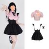 2025 Ropa Nueva para Mujer Linda Chica Rosa Camisa Manga Vuelo Vestido Traje Falda Suspender Negra con Tirantes