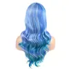 Ventas Directas de Fábrica de Pelucas de Cabello Largo Ondulado y Rizado, Popular Jiafa de Color Azul Mezclado con Flequillo para Mujeres Europeas y Americanas