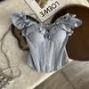 Top Camisola Azul de Verão com Babados na Cintura para Afinar e Usar por Cima