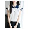 Camiseta de Manga Curta Bordada na Lapela para Mulheres Verão 2025 Novo Estilo Camiseta Básica Estilo Ocidental Tamanho Plus Top Tricotado em Seda Gelo Feminino
