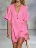 2026 Nuevo Vestido de Verano Holgado de Algodón y Lino con Mangas Cortas y Cuello en V, Moda Femenina Estilo Europeo y Americano Transfronterizo