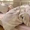 Juego de Cama de Cuatro Piezas Clase A Algodón Lavado Algodón Puro Todo Algodón Gasa de Doble Capa Funda Nórdica Sábana Bajera Falda de Cama de Verano Dormitorio Juego de Tres Piezas