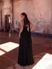 Vestido de noche sexy estilo europeo y americano con cuello halter sin tirantes, color liso, gasa fluida, abertura alta, largo hasta el suelo para fiesta