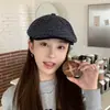 Gorra Sencilla de Visera de Cuero a Cuadros Estilo Coreano Retro para Mujer, Moda de Primavera y Otoño, Tendencia de Gorra Artística Versátil Casual