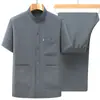 Traje de Verano para Papá Traje Tang de Seda Helada Camisa de Verano de Manga Corta para Hombre Ropa Estilo Chino para Abuelo 60 Años