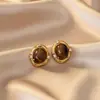 Brincos Maillard Outono e Inverno para Mulheres, Brincos de Luxo Leve de Nicho, Brincos Elegantes Populares Estilo Retrô com Pedra Olho de Tigre