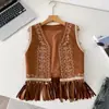 Colete bordado com franjas estilo boho para mulheres, peça externa sem mangas com decote V slim fit, peça externa vintage de nicho