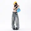 Laranja Infantil # Jeans de Cintura Alta Tendência High-Street Relaxado de Perna Larga para Mulheres, Caimento Solto, Design Emagrecedor, Calças de Comprimento Total Únicas e Versáteis.