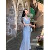 Vestido floral retro francés de longitud media, elegante, para vacaciones, cuello cuadrado, falda con volantes, falda larga de verano para mujer