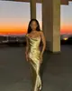 Verão 2024 Cruz de Malta Explosões Transfronteiriças Temperamento Costas Nuas Alça Alça Cauda de Peixe Dourado Vestido Vestido Sexy Justo