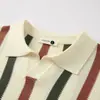 Polo de Punto Retro Americano con Cuello en V y Calado para Hombre, Manga Corta, Verano, Corte Holgado, Estilo de Alta Gama, Camiseta Fresca de Rayas de Media Manga