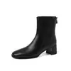 Botines cortos de piel de oveja de dos capas con tacón grueso para mujer, nuevos botines de otoño e invierno con punta redonda y tacón medio con cremallera trasera, botines cortos ajustados de estilo coreano para mujer