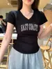 Camiseta de Manga Corta con Cuello en V y Estampado de Letras a la Moda para Mujer, Nuevo Estilo Europeo y Americano Verano 2025, Top de Moda que Ceñe la Cintura